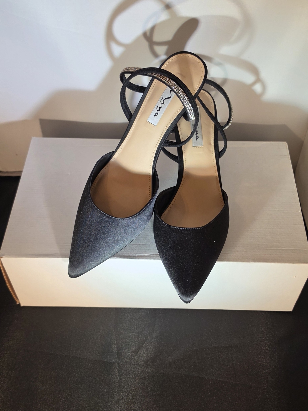 Nina Black Satin Pointed-Toe Strappy Heels